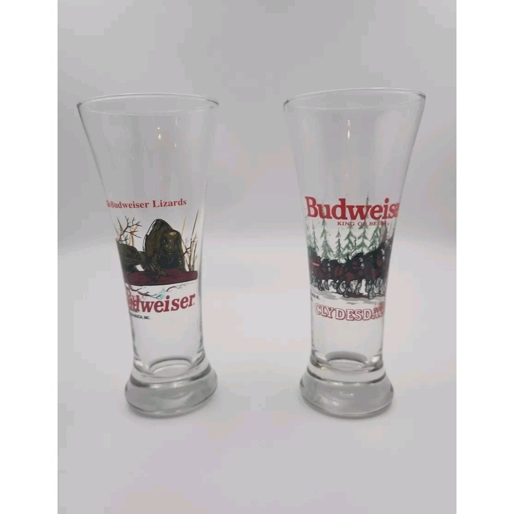 Vintage Budweiser Beer Glasses - Set Of 2 - Talking Lizards And Clydesdales